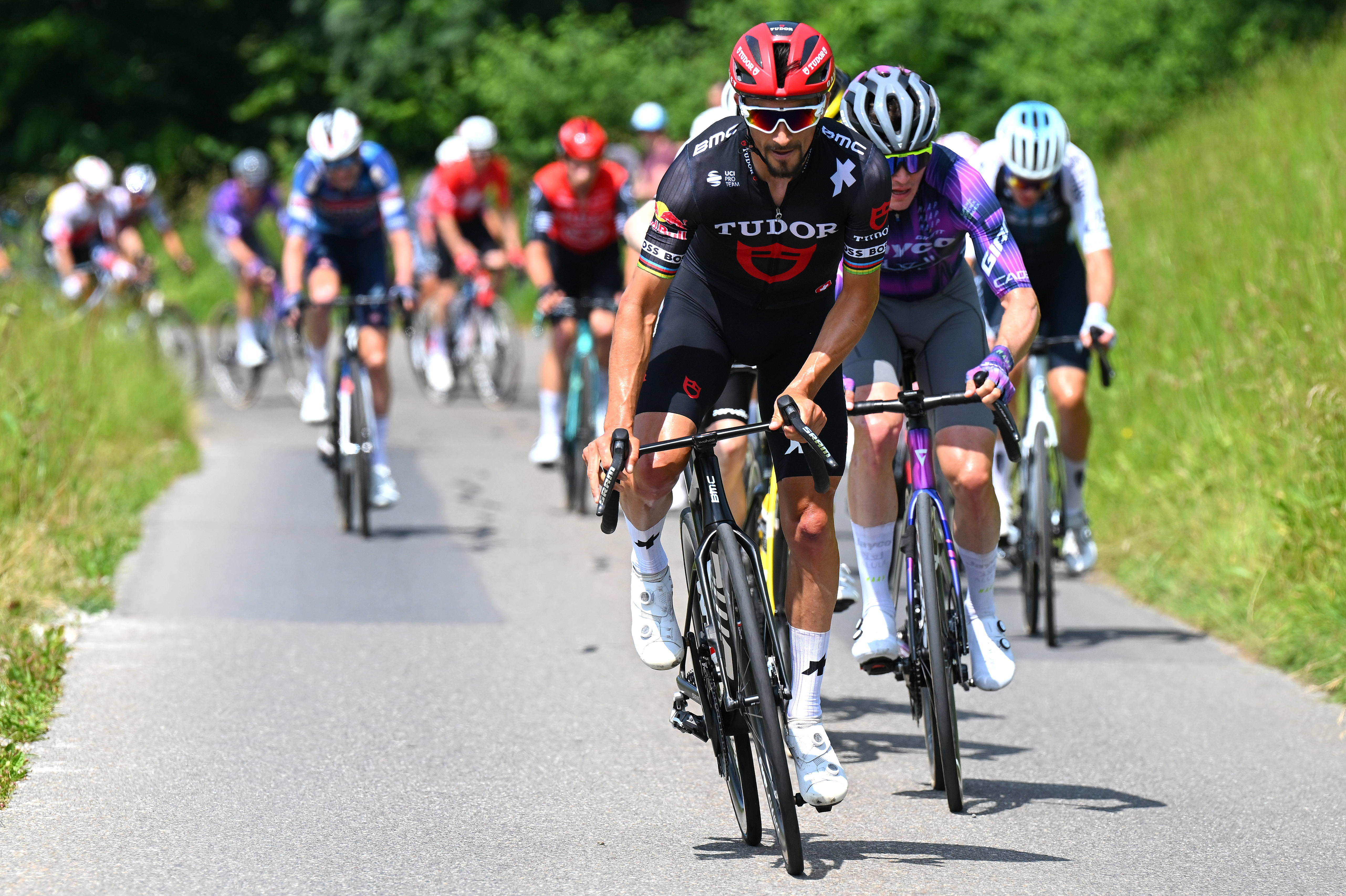 KUSNACHT, SWITZERLAND - JUNE 15: Julian Alaphilippe of France and Team Tudor Pro Cycling attacks during the 88th Tour de Suisse, Stage 1 a 129.4km at stage from Kusnacht to Kusnacht / #UCIWT / on June 15, 2025 in Kusnacht, Switzerland. (Photo by Tim de Waele/Getty Images)