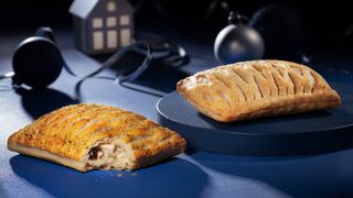 A picture of Greggs chicken and Vegan Festive Bakes with a dark blue backdrop