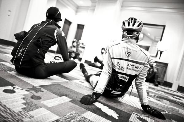 Riders suited up and ready to go, but first, a team meeting.