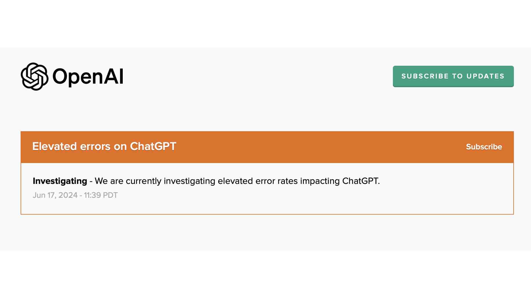 OpenAI reporting issues with ChatGPT on June 17 2024