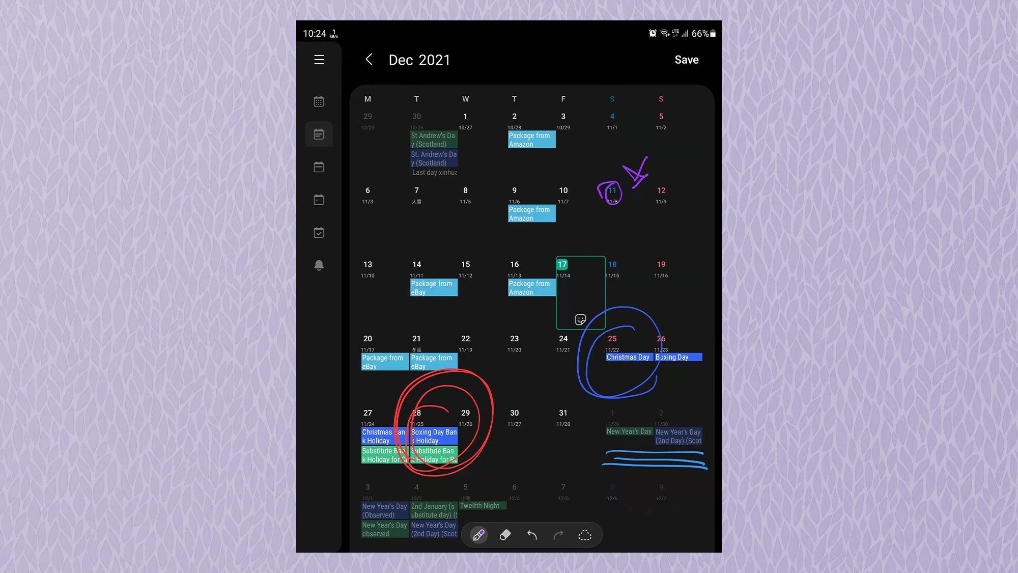 Снимок экрана Samsung Galaxy Z Fold3, показывающий вид календаря с рукописными заметками на нем