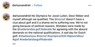 A screenshot of Darius van Driel's Instagram post regarding his disagreement with the NOC over denying him an Olympic spot