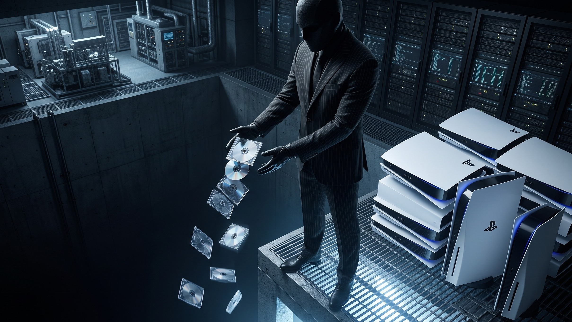 A person in a black suit and mask stands on a metal platform in a server room, dropping several optical discs toward a dark pit near consoles.
