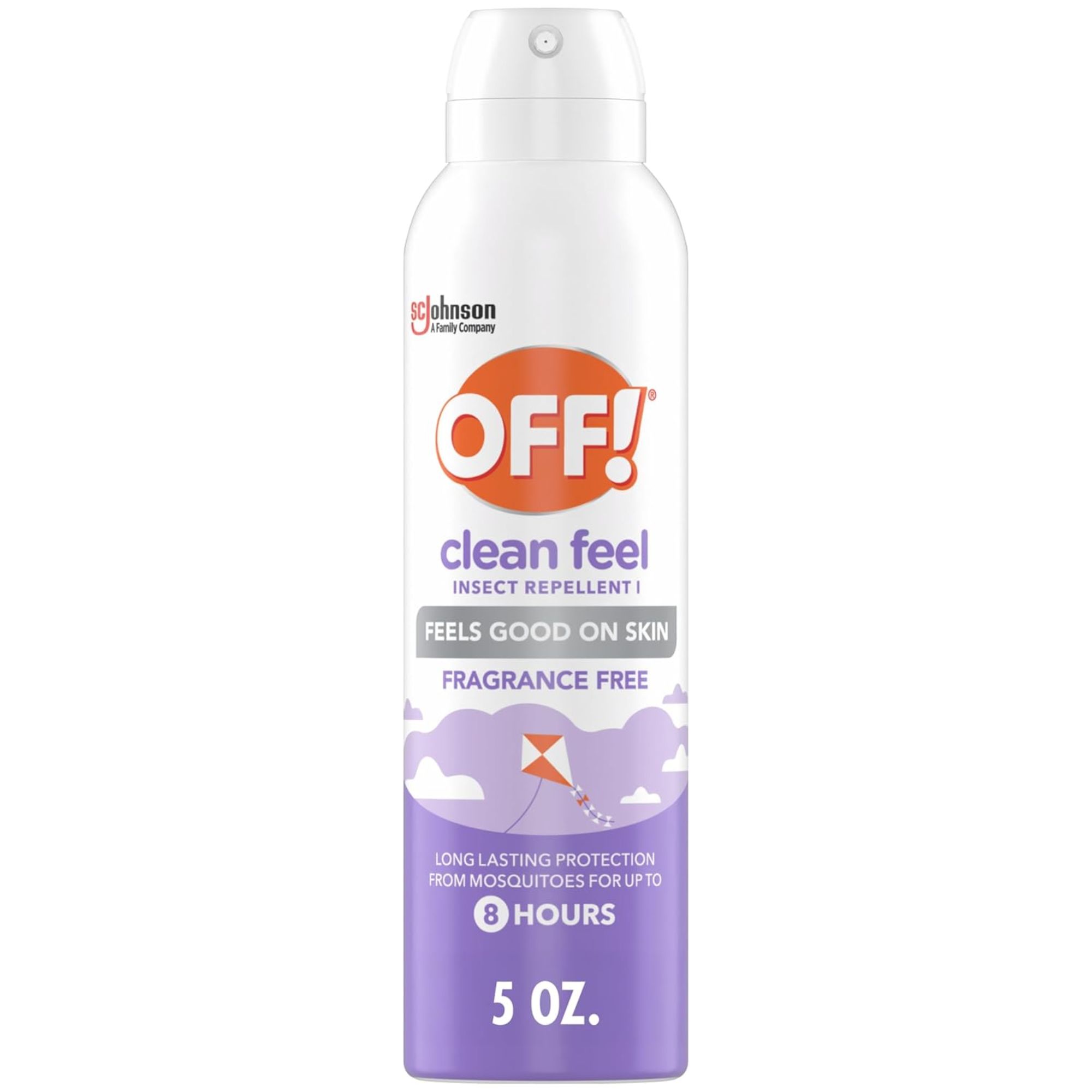 A white and purple aerosol bottle of insect repellent