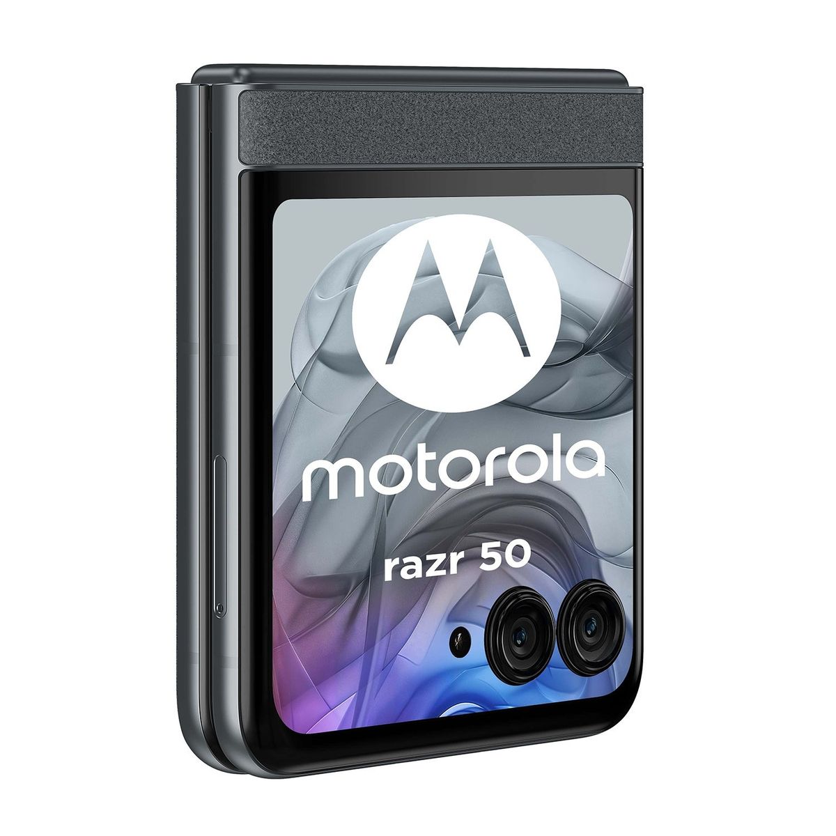 Motorla Razr 2024 in black closed, exterior screen angled right