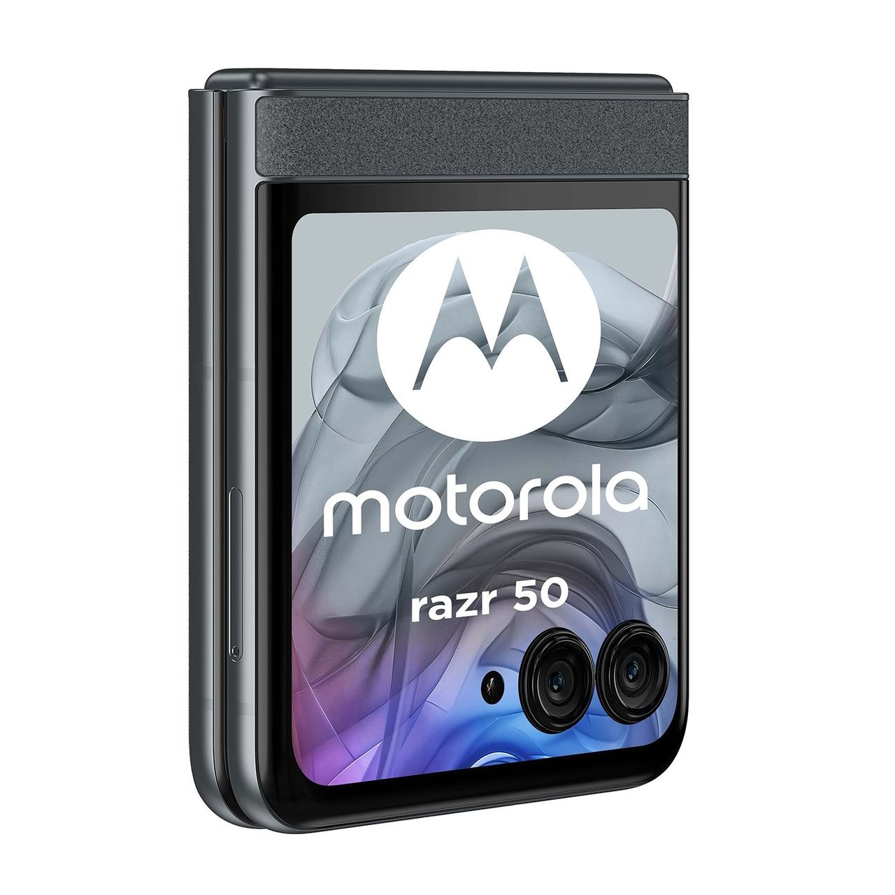 Motorla Razr 2024 in black closed, exterior screen angled right