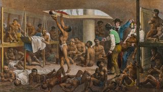 Pictură care înfățișează condițiile de sub punte pe o navă de sclavi din secolul al XVI-lea.