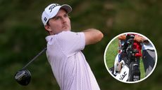 Russell Henley hits a driver and a close up of his golf bag