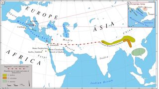 This map shows the likely origin and spread of citrus fruits from Southeast Asia to the Mediterranean region.