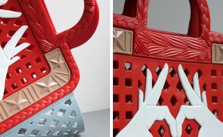 Two images, Left- Close up of basket style rubber handbag with hand decal, Right- Close up of basket style rubber handbag with hand decal