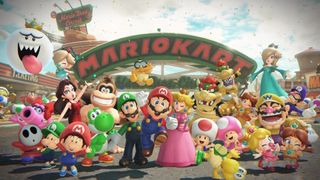Mario Kart World review; colourful game characters pose under a banner