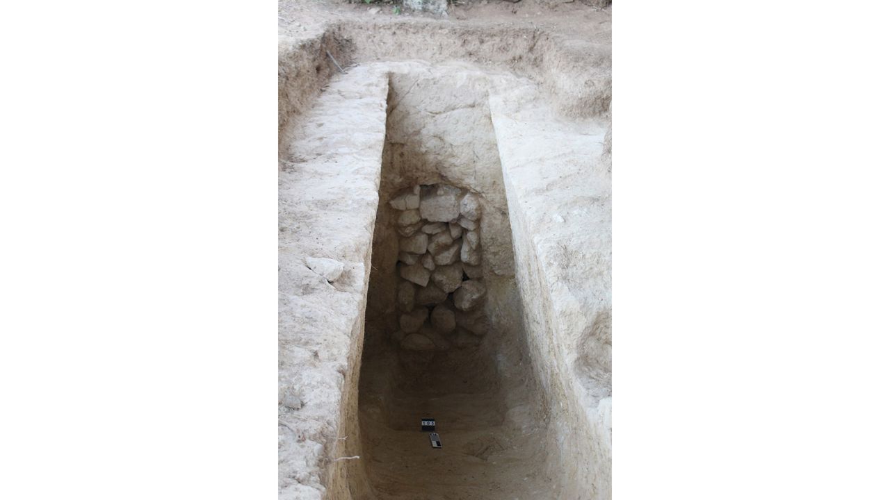 The sealed opening of the tomb, which dates to about 1400 B.C to 1300 B.C.