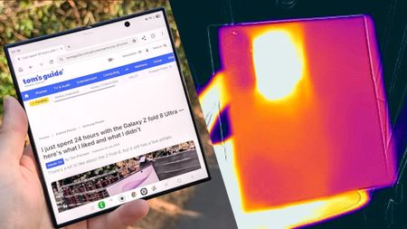 Samsung Galaxy Z Fold 8 Ultra next to thermal imaging scan of the phone 