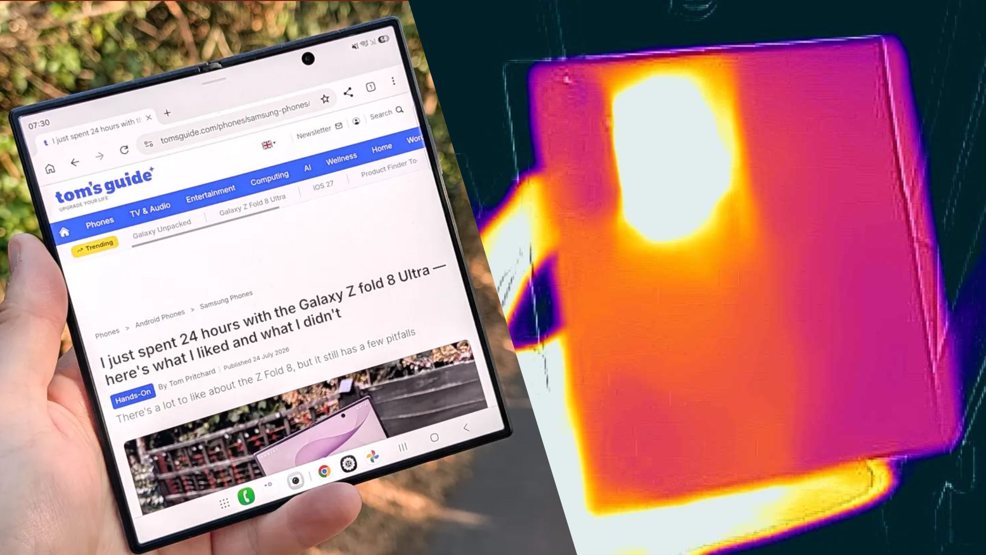 Samsung Galaxy Z Fold 8 Ultra next to thermal imaging scan of the phone 