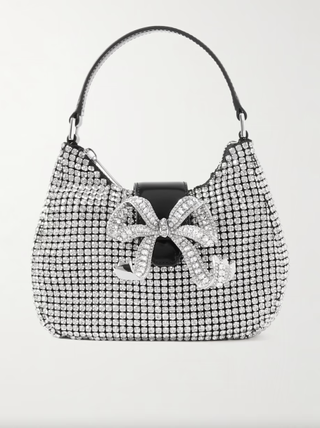 Self-Portrait, Crescent Bow Crystal-Embellished Glossed Leather-Trimmed Tulle Tote