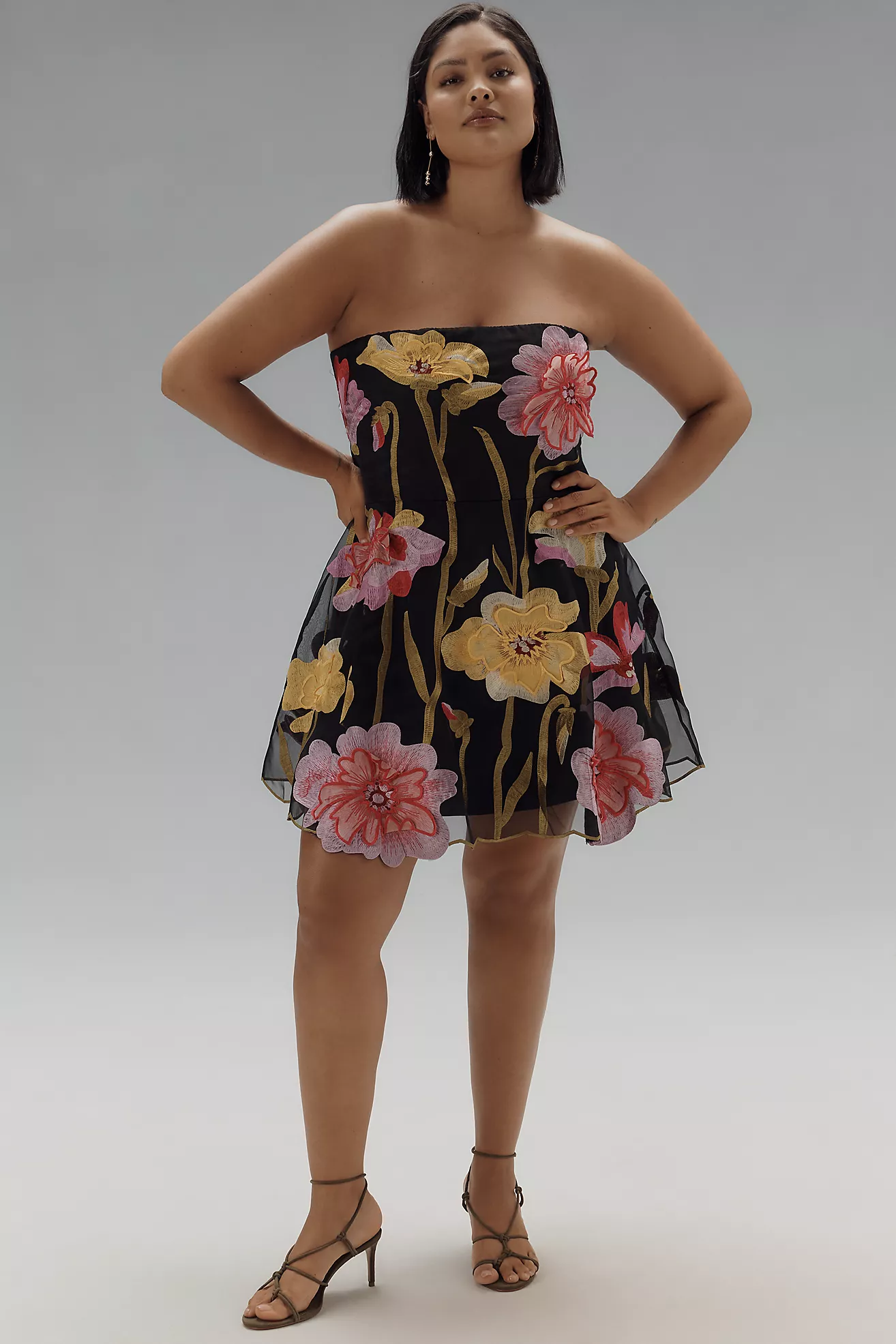 By Anthropologie Strapless Floral Organza Mini Dress