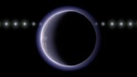 A planet in the center of the image with a hazy purple atmosphere around it. There are white dots in a line behind the planet.
