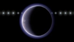 A planet in the center of the image with a hazy purple atmosphere around it. There are white dots in a line behind the planet.