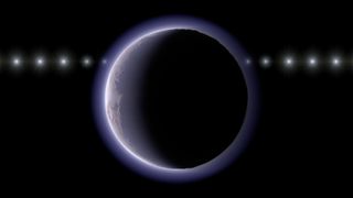 A planet in the center of the image with a hazy purple atmosphere around it. There are white dots in a line behind the planet.