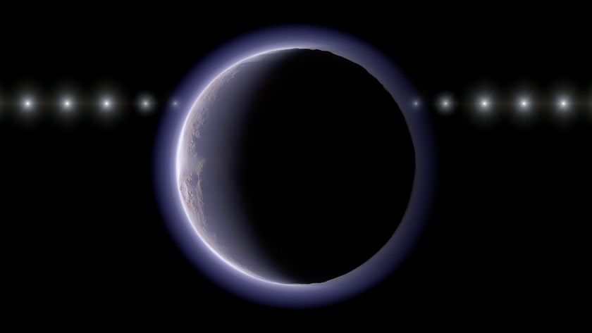 A planet in the center of the image with a hazy purple atmosphere around it. There are white dots in a line behind the planet.