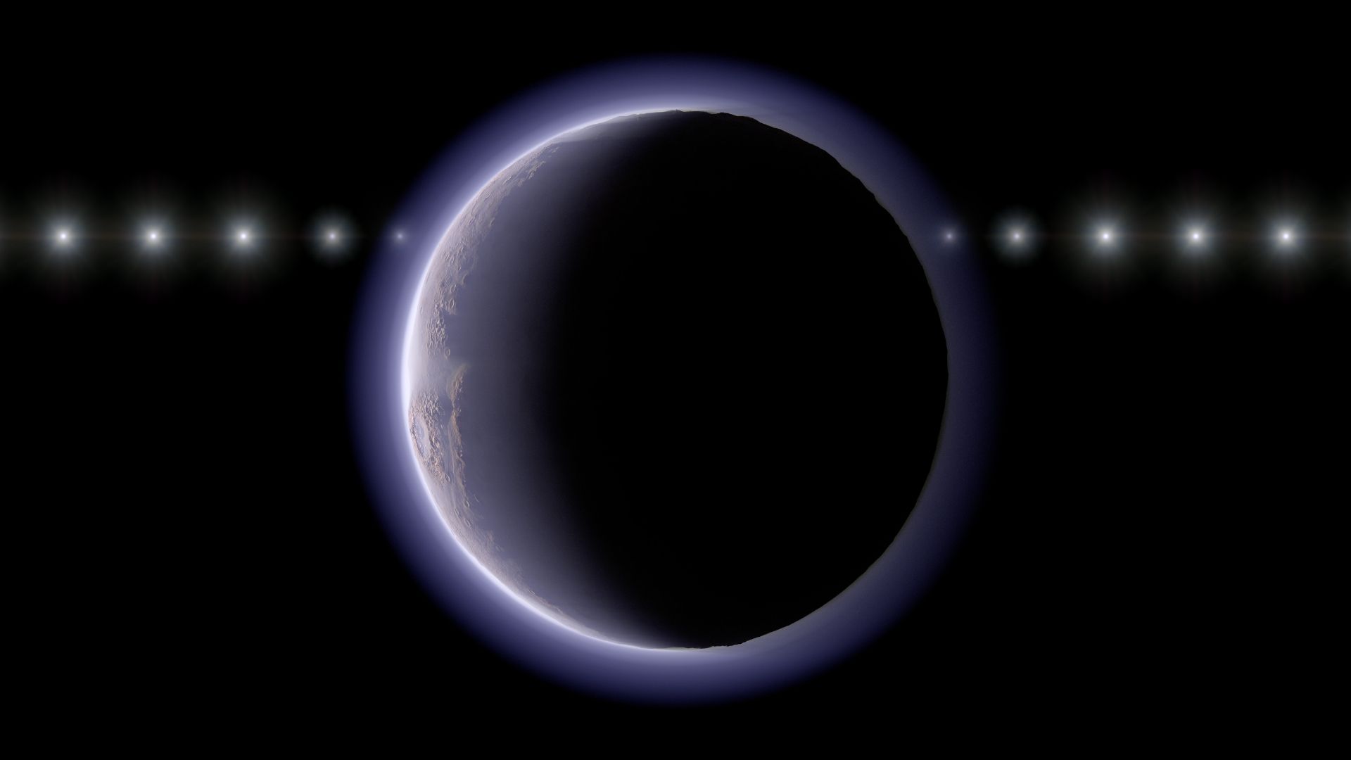 A planet in the center of the image with a hazy purple atmosphere around it. There are white dots in a line behind the planet.