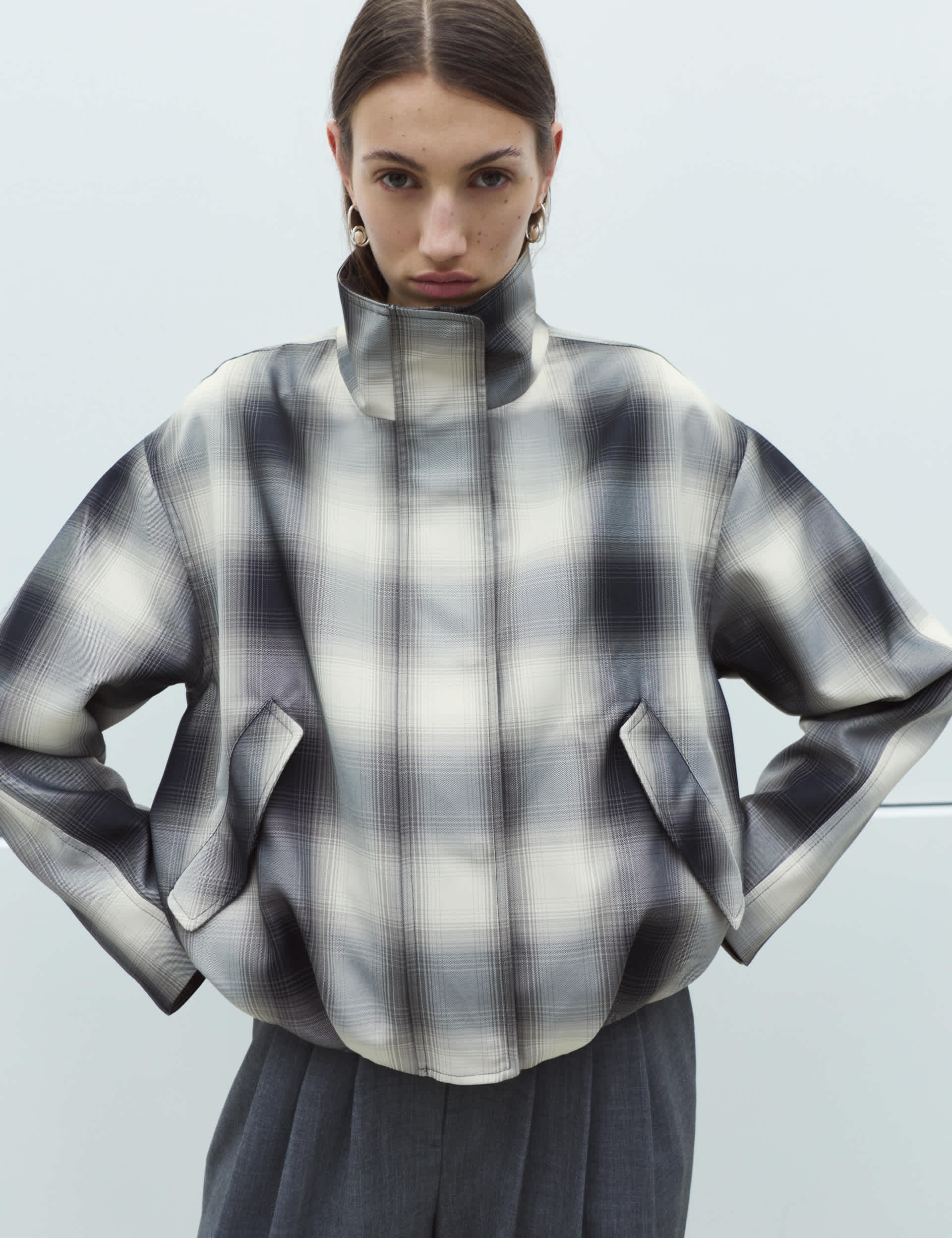 Checked Bubble Hem Funnel Neck Jacket