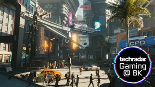 Screenshot of Cyberpunk 2077 with a busy street scene