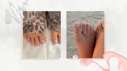 A collage featuring two pictures of feet with French pedicures, by manicurist & pedicurist Milly Mason (@millymason_), in a white and grey template with a white and a pink nail polish spill.