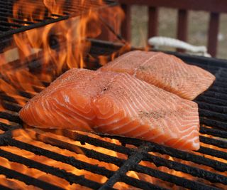 Two salmon filets cooking with their skin down on a charcoal grill