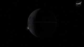 Screenshot from a NASA animation showing the final stages of the solar ecliipse that Artemis 2 astronauts will see from their vantage point beyond the moon on April 6, 2026. The sun is starting to emerge from the moon's left limb.