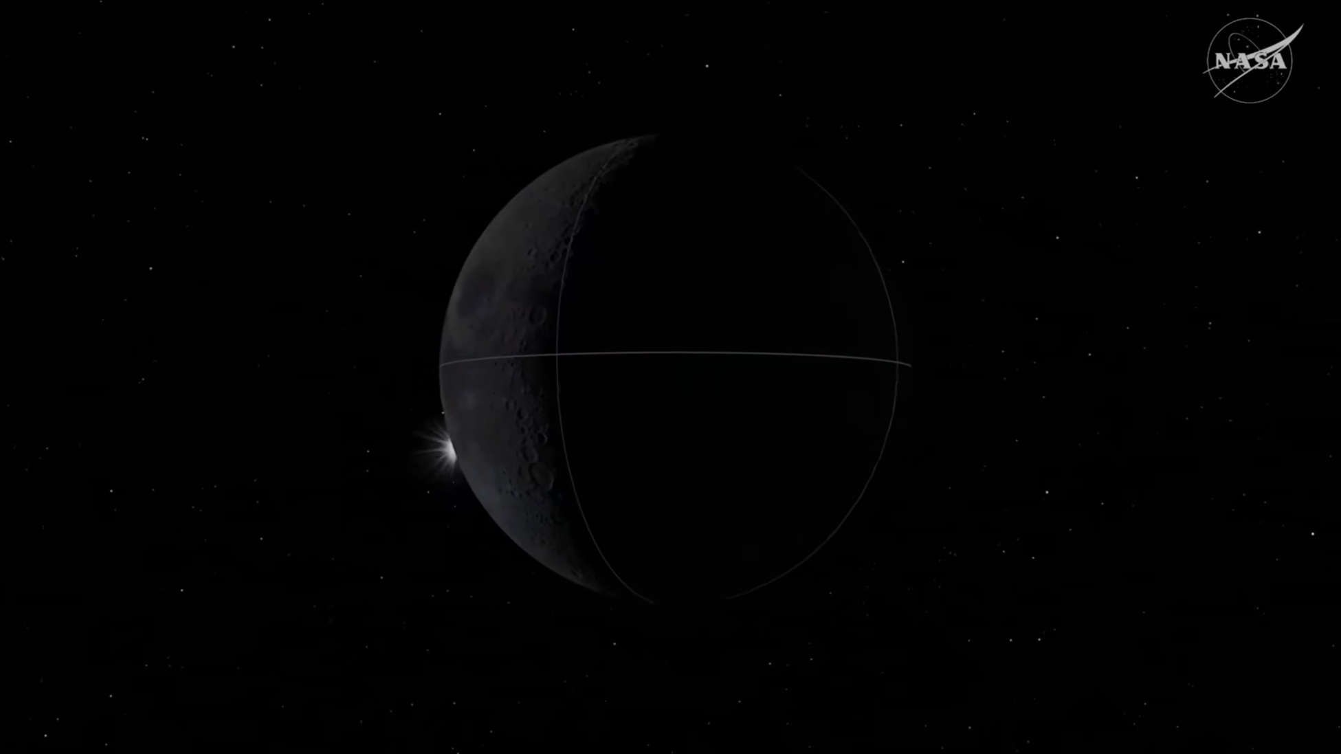 Screenshot from a NASA animation showing the final stages of the solar ecliipse that Artemis 2 astronauts will see from their vantage point beyond the moon on April 6, 2026. The sun is starting to emerge from the moon's left limb.