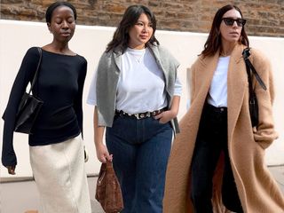 fashion collage of three style influencers including Sylvie Mus, Marina Torres, and Jessica Skye wearing chic outfits with elevated basics like a boatneck top, straight-leg jeans, white tees, and a camel coat