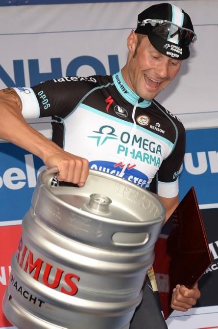 Party at the Omega Pharma bus! Tom Boonen wins a keg of beer on the first stage of the Tour of Belgium