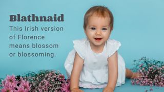 Blue background with pink flowers and smiling baby on it to illustrate irish baby names