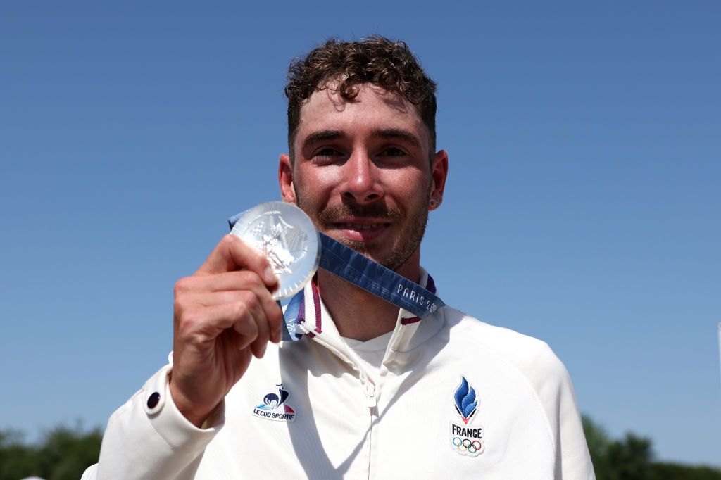 ELANCOURT FRANCE JULY 29 Silver medalist Victor Koretzky of Team France poses on the podium during the Mens CrossCountry on day three of the Olympic Games Paris 2024 at Elancourt Hill on July 29 2024 in Elancourt France Photo by Alex BroadwayGetty Images