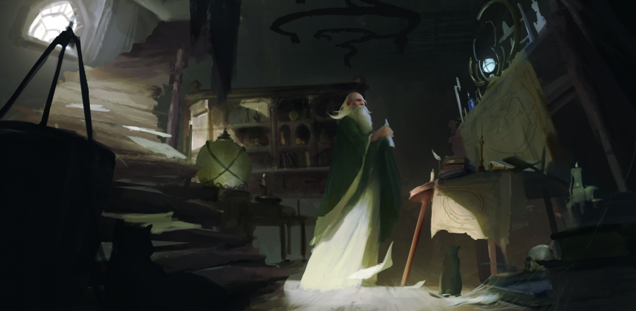 Striking fantasy scene; a wizard