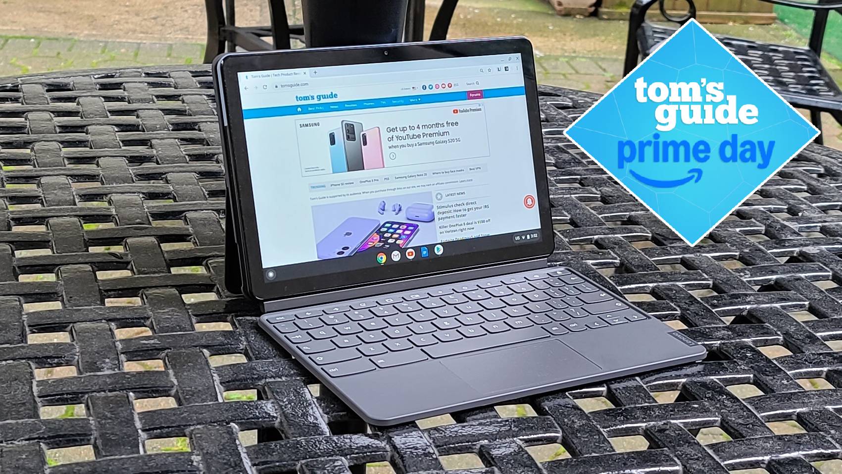 Lenovo Chromebook Duet on table outside with Tom's Guide Prime Day badge