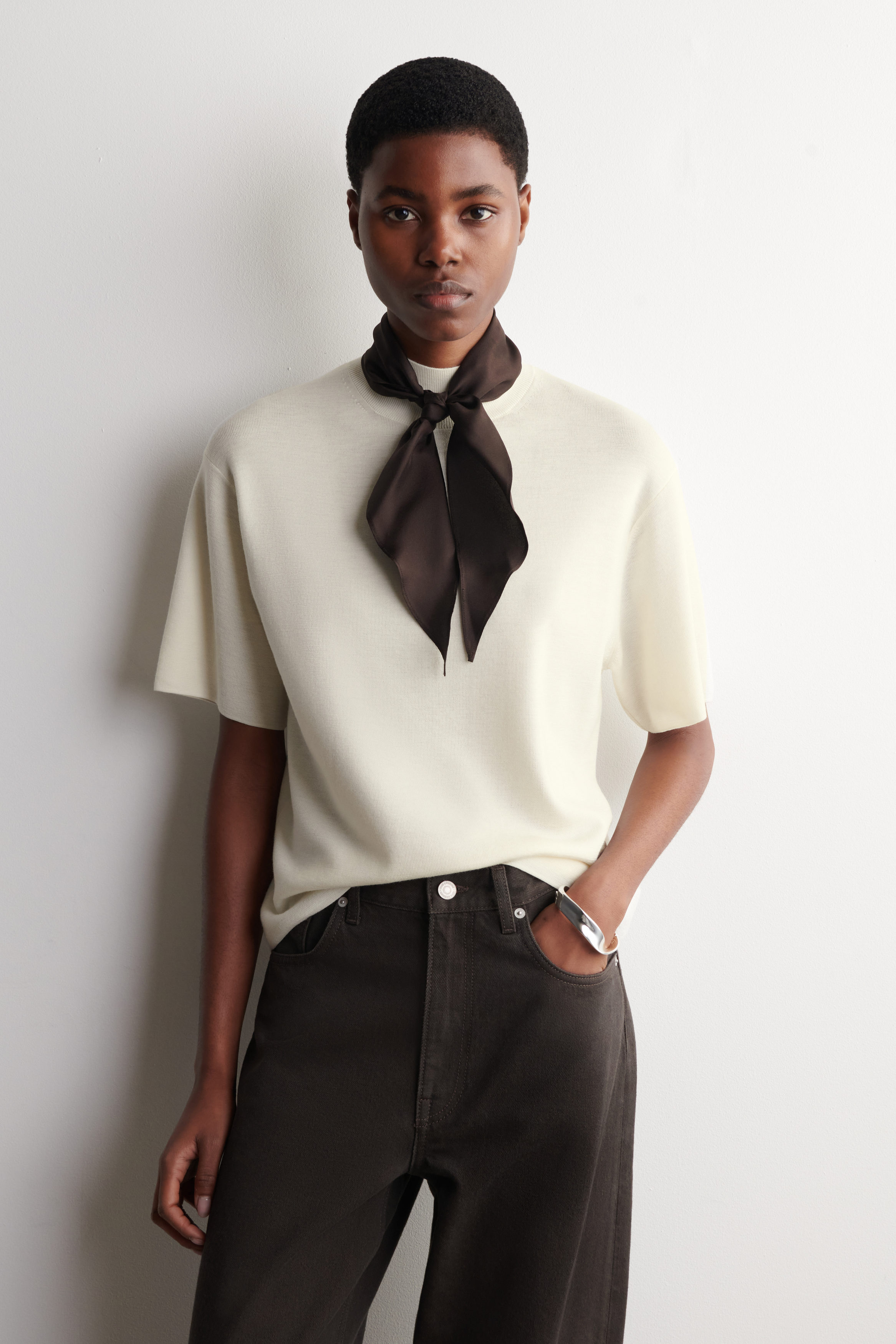 Scarf-Detail Merino Wool T-Shirt