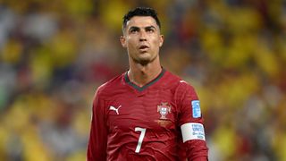 Cristiano Ronaldo #7 of Portugal looks on during the FIFA World Cup 2026 Group K match between Colombia and Portugal at Miami Stadium on June 27, 2026 in Miami Gardens, Florida.