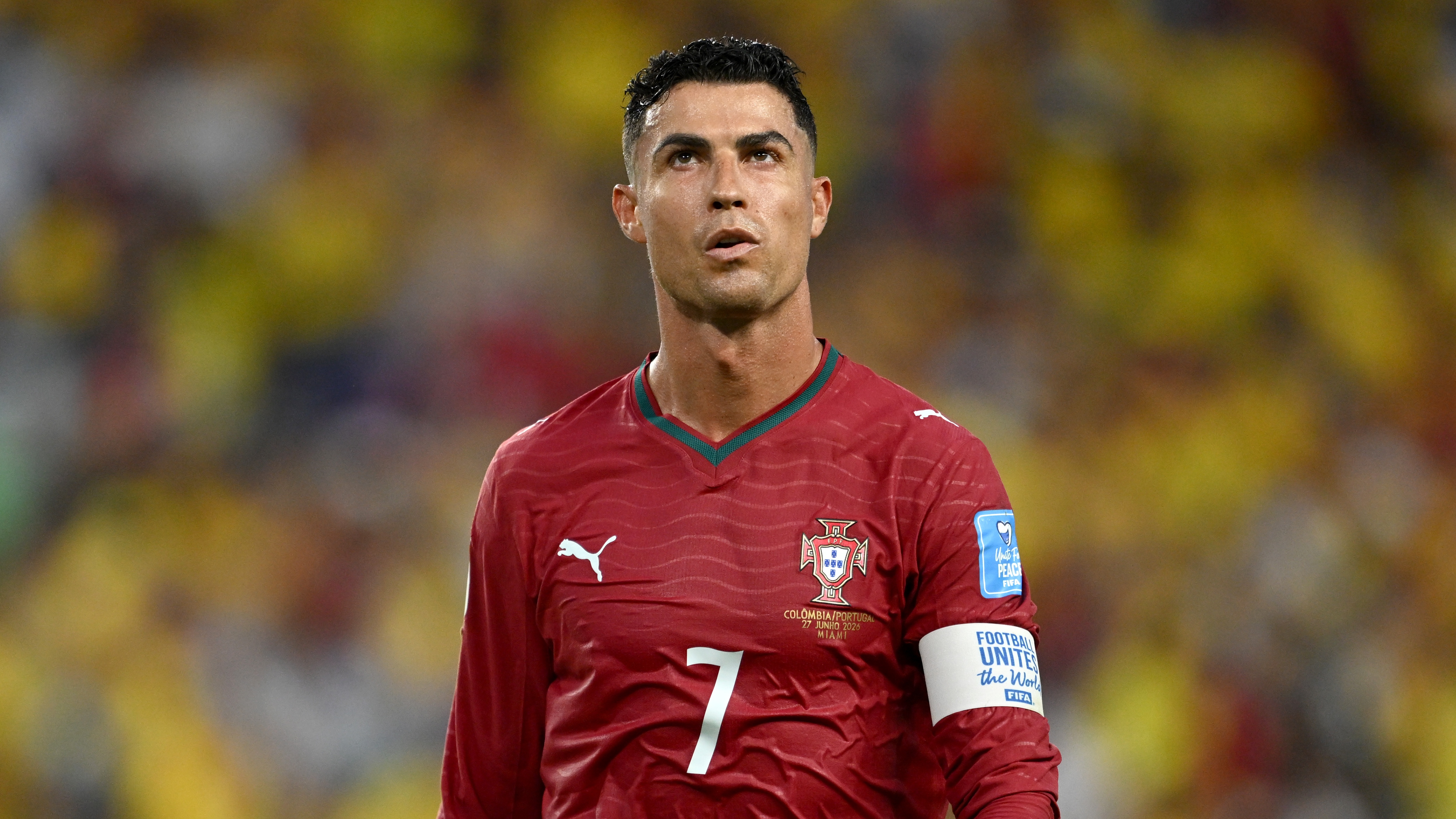 Cristiano Ronaldo #7 of Portugal looks on during the FIFA World Cup 2026 Group K match between Colombia and Portugal at Miami Stadium on June 27, 2026 in Miami Gardens, Florida.