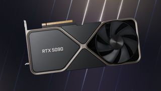 Nvidia GeForce RTX 5090 mock-up with navy mirrored backdrop