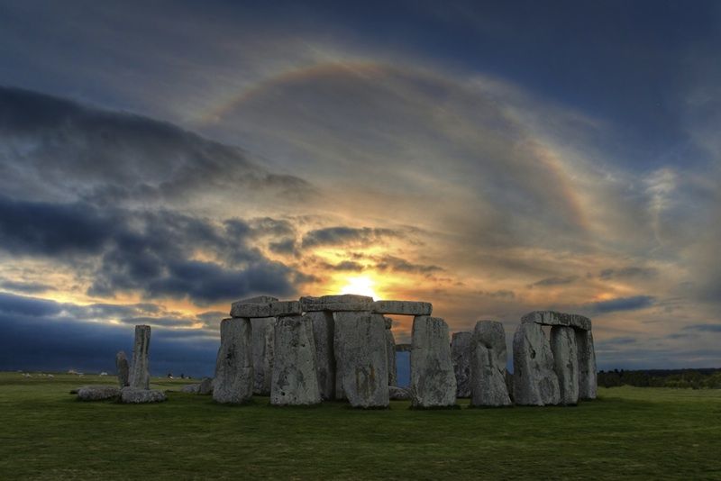 Stonehenge sunset with sun halo