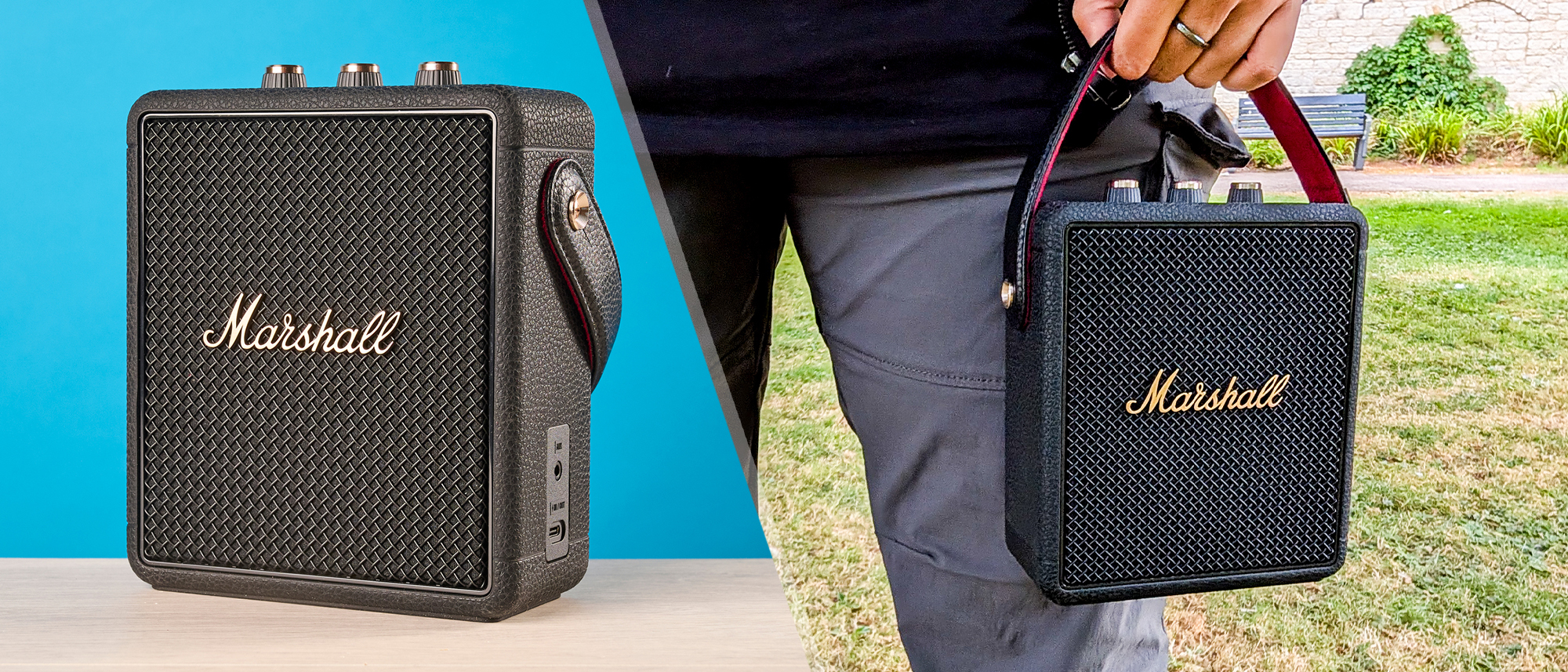 Marshall Stockwell III Bluetooth portable speaker in black and brass