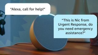 An Echo Pop smart speaker showing how Alexa Emergency Assist works