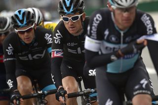 Great Britain's Geraint Thomas (C) rides in the pack ahead of his teammate of the Great Britain's Sky cycling team Great Britain's Ben Swift (L) during the sixth stage.
