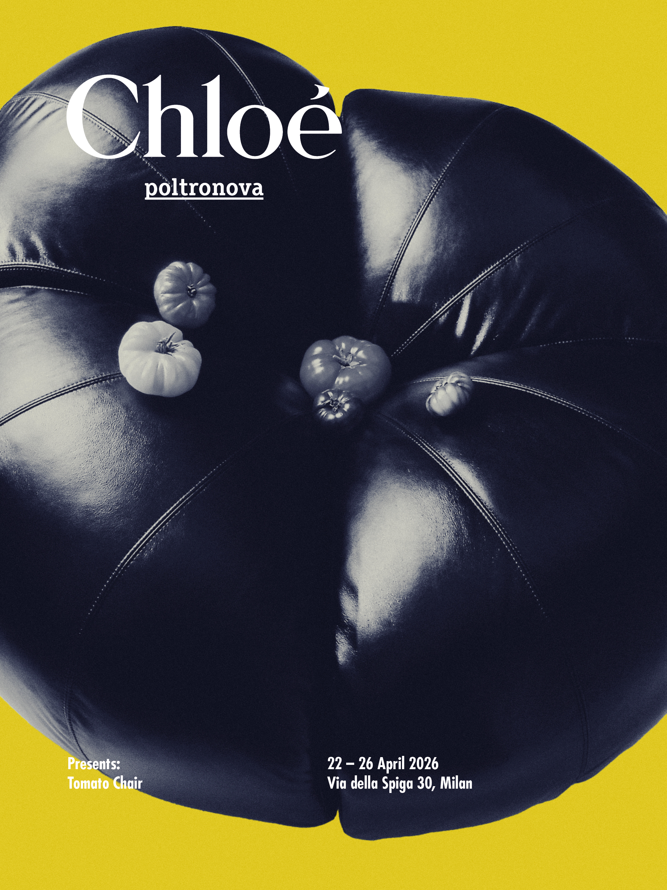 A black leather tomato shaped chair designed by Chlo&amp;eacute; with a yellow background.
