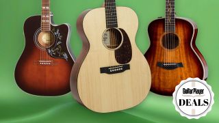 Three acoustic guitars on a green background