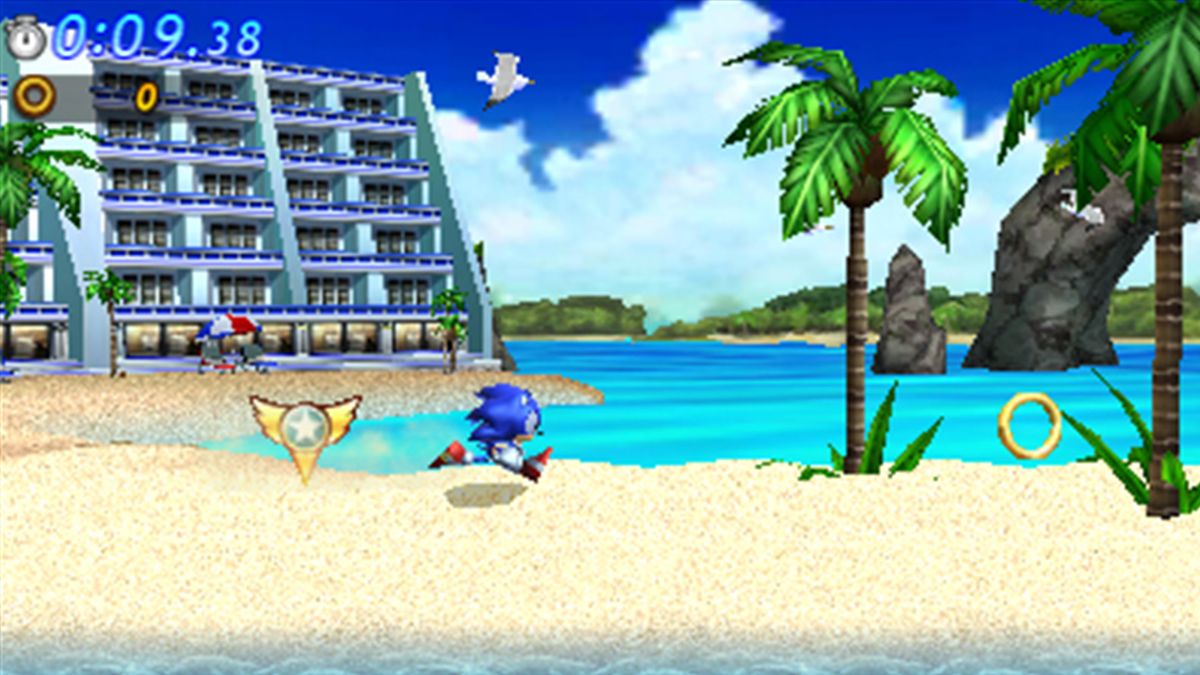 Sonic Generations on the 3DS shows Sonic running along the beach Sonic during the Emerald Coast stage