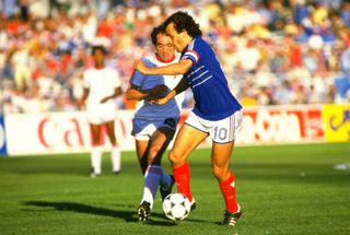 Michel Platini in action for France against Portugal at Euro 1984.