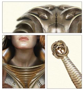 Details of costume design motifs, including a helmet, collar and sword handle